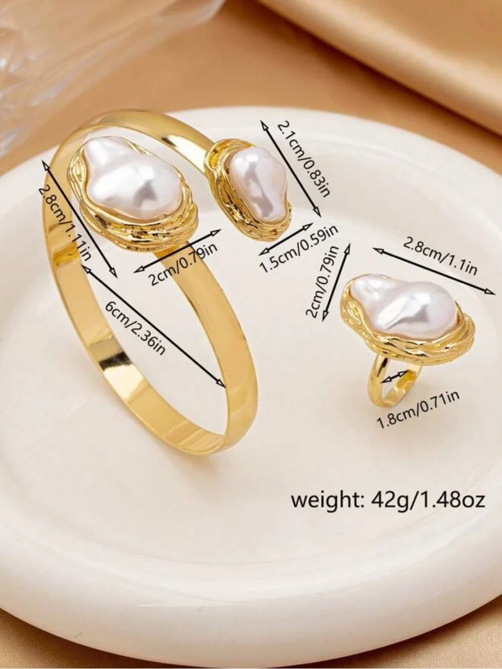 Anthropologie Gold Pearl Open Bangle and Ring Set - Gold & White